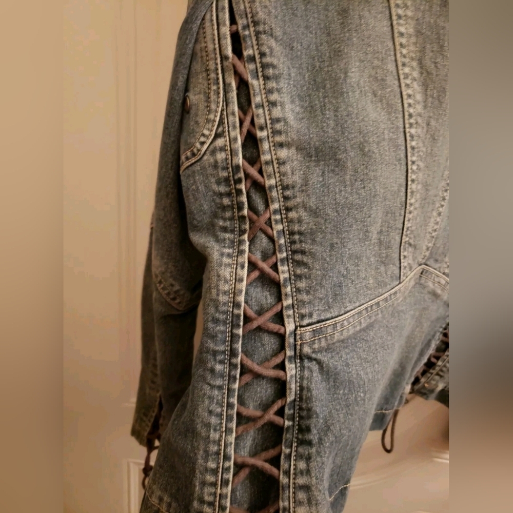 Elie Tahari Corset Lace Up Red Piped Denim Jacket Size Large - Picture 7 of 13